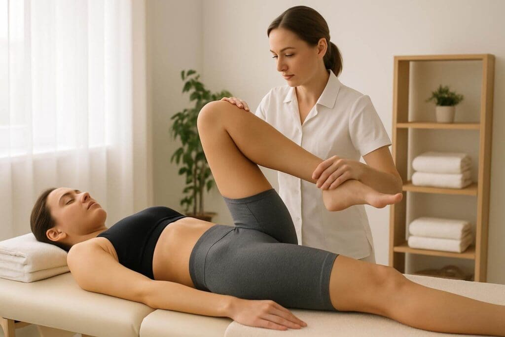 Assisted stretch during sports massage session