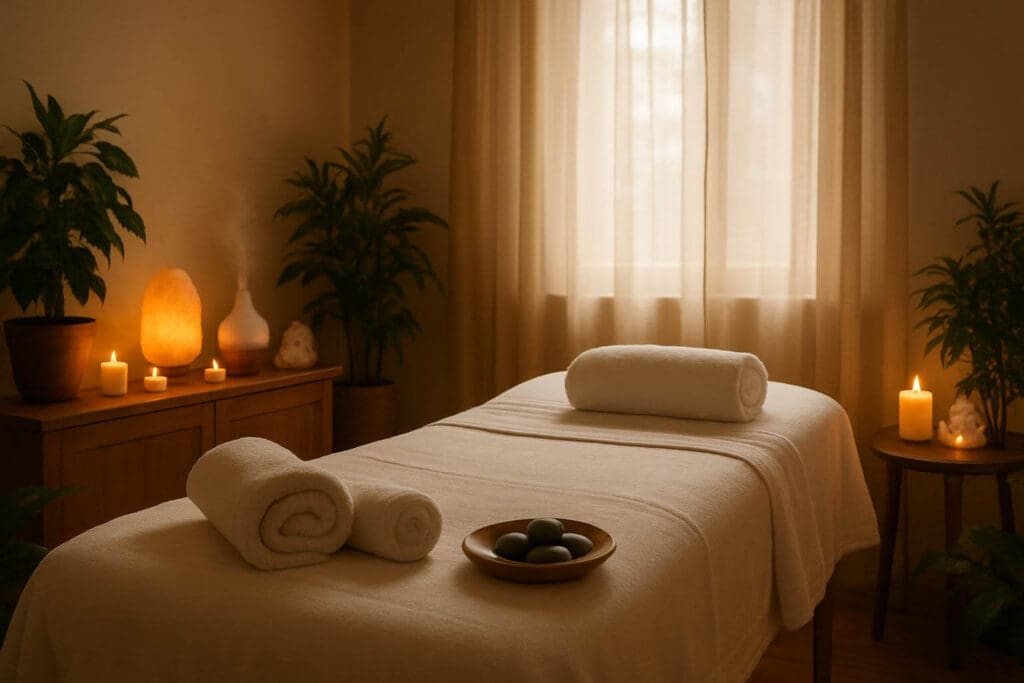 Calm massage room ready for therapy