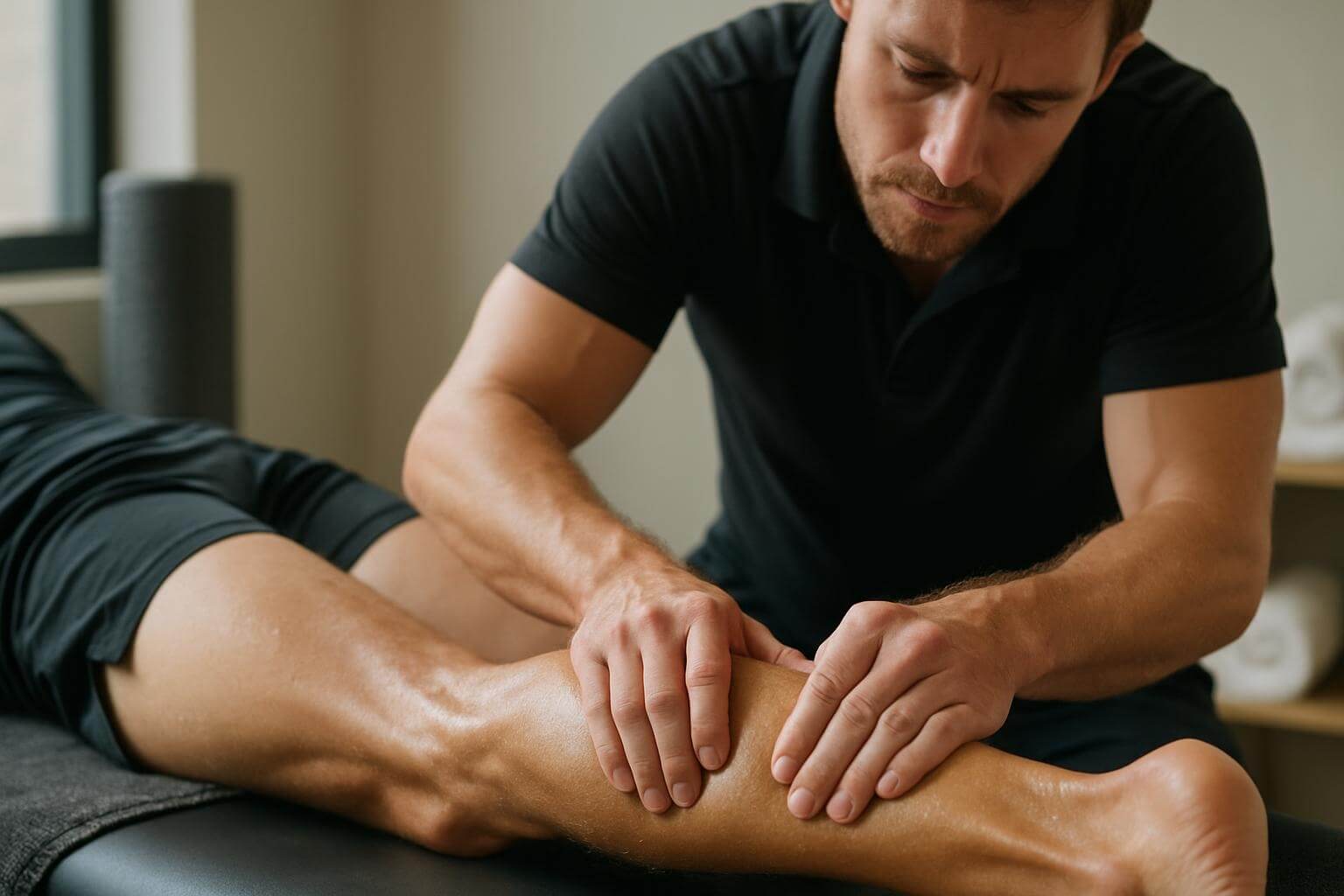 Therapist using targeted pressure on leg muscles