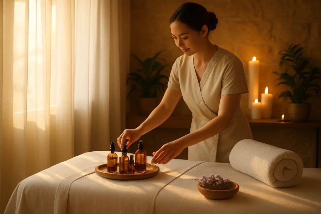 Massage therapist preparing for an aromatherapy massage