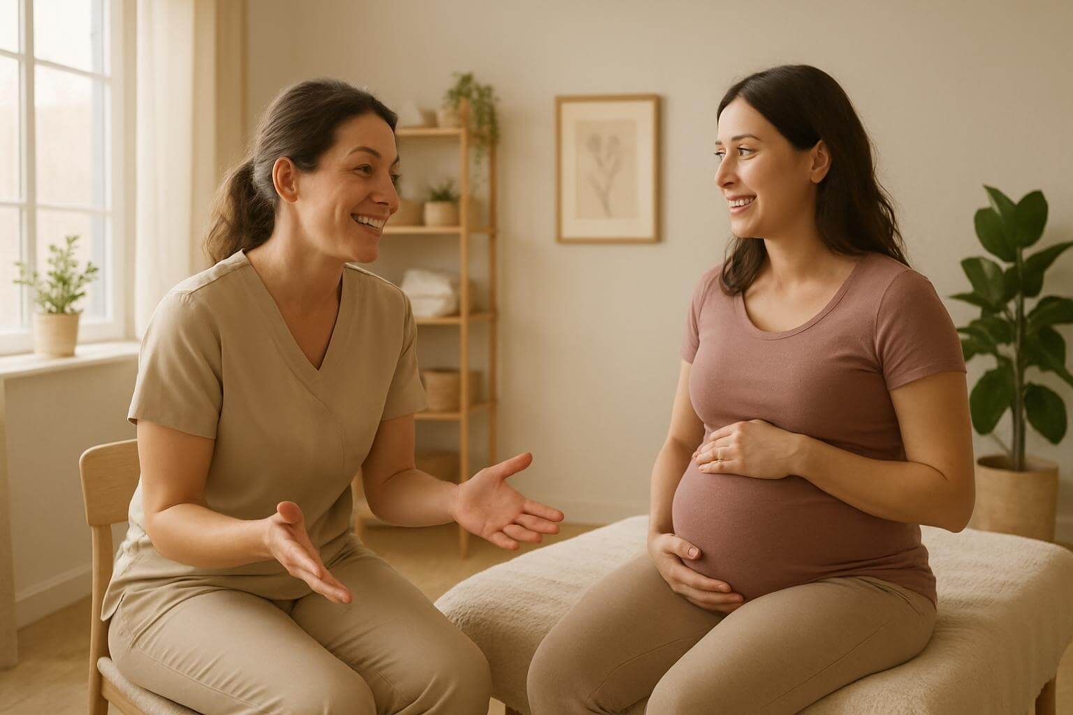 Friendly massage therapist consulting with a pregnant client before beginning the prenatal massage