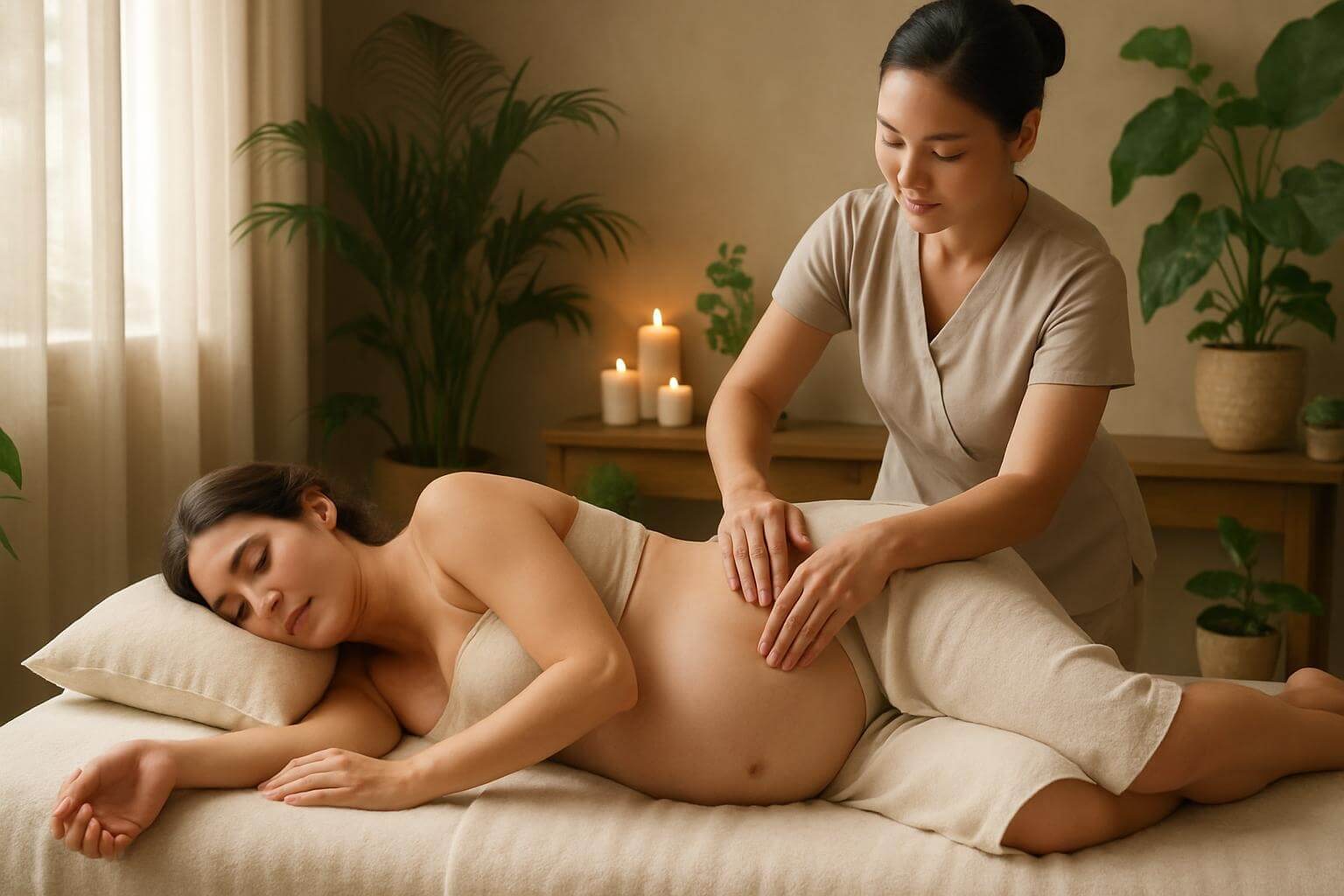 Pregnant woman lying on her side receiving a gentle, relaxing massage in a spa treatment room