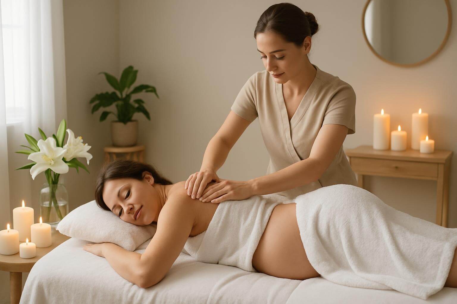 Pregnant woman relaxing on her side with eyes closed during a prenatal massage