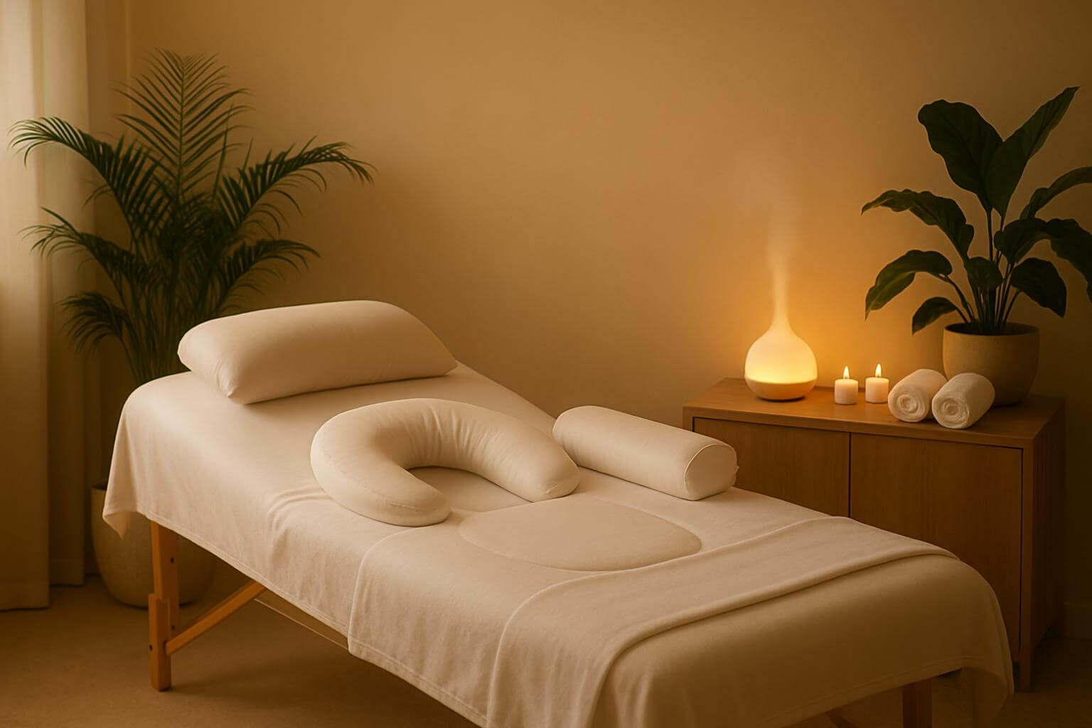 A serene spa room with a pregnancy massage table and soft lighting, ready for a prenatal massage