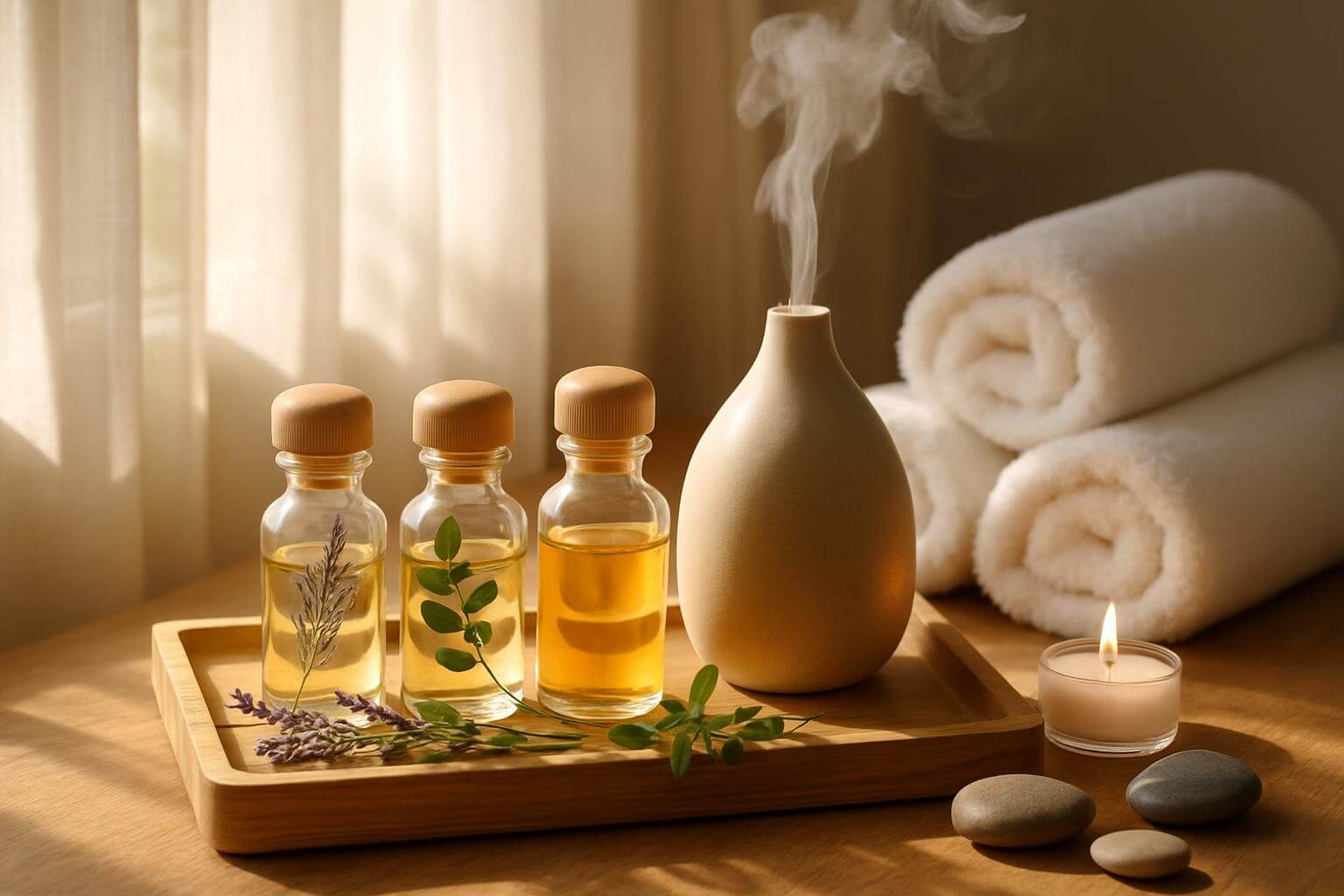 Tranquil spa ambience set up for aromatherapy massage