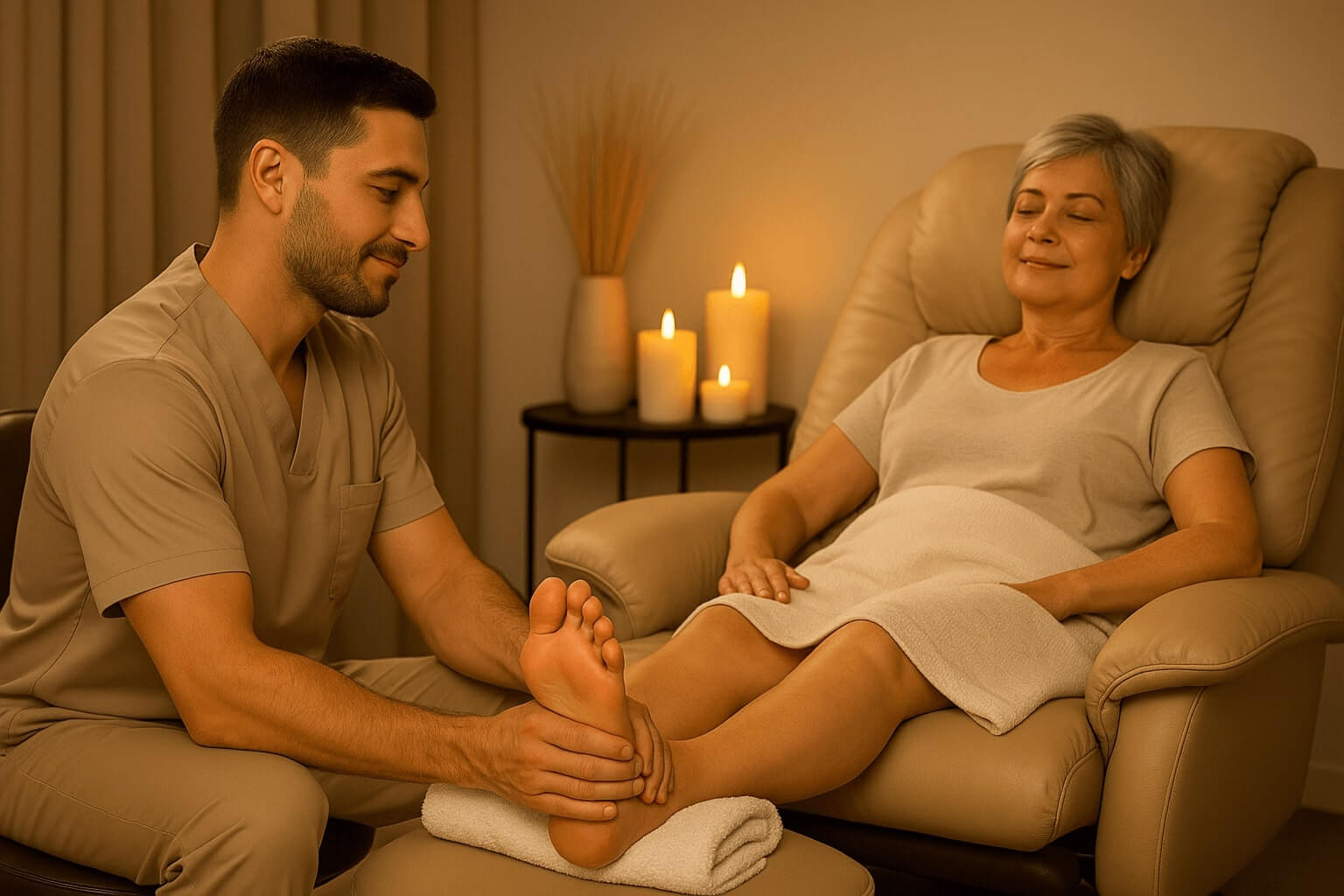 A therapist and client engaged in a reflexology session, with London city decor in the background.